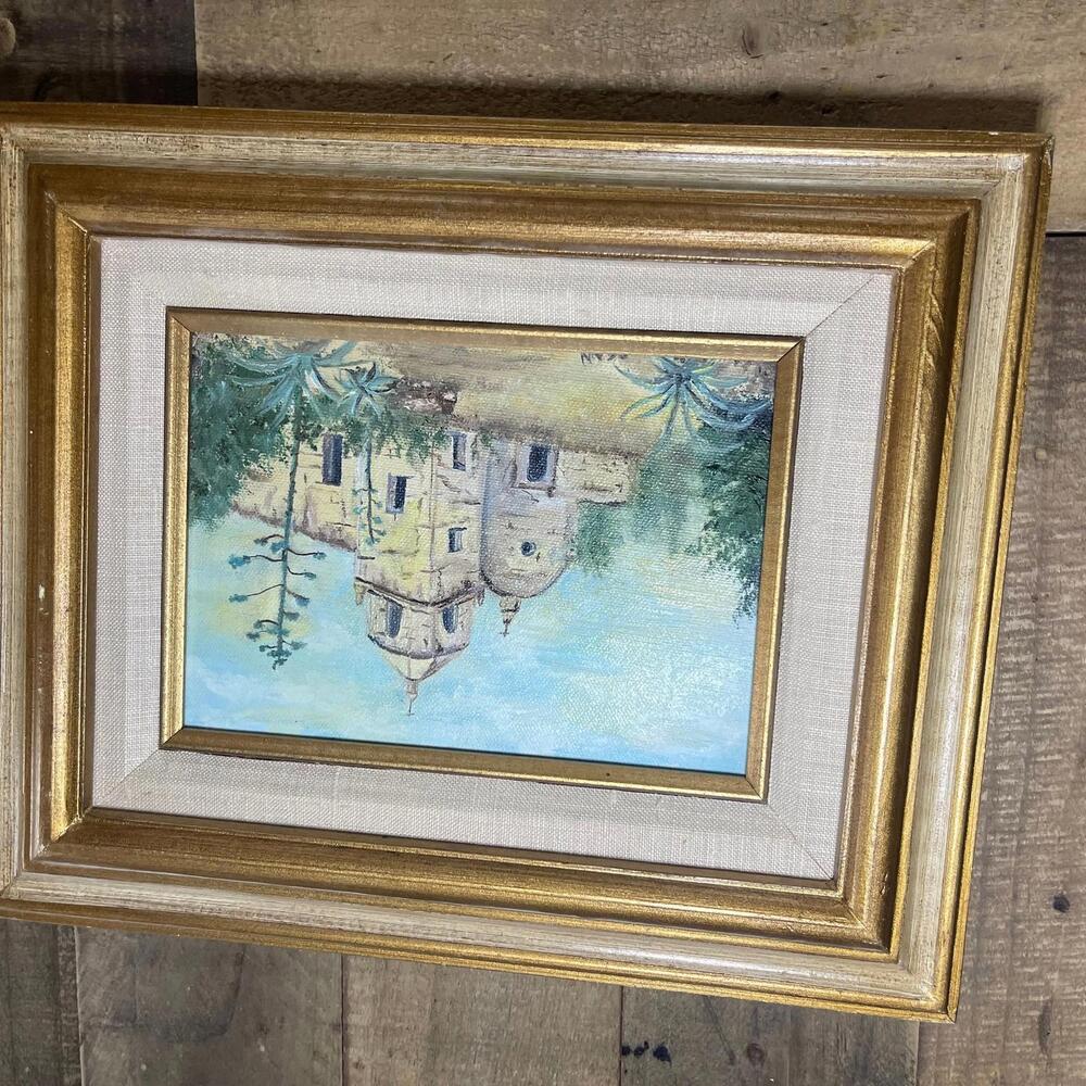 Original Oil Painting Mediterranean House Lake Mountains Artist Signed